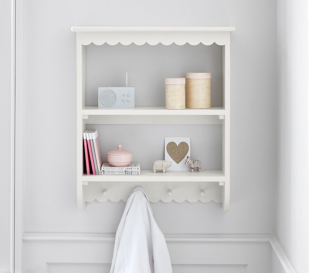 White shelf with top hooks